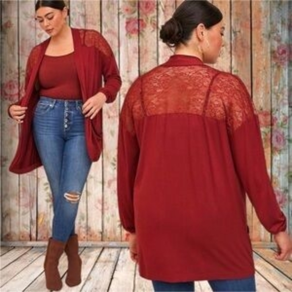 Torrid Brick Red Cardigan with Lace Accent